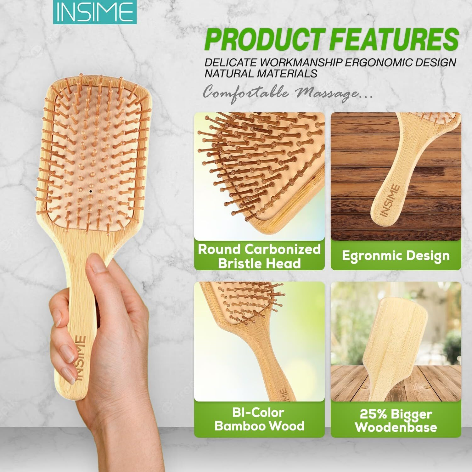 Insime Bamboo Hair Brush With Bamboo Bristles | Wooden Hair Brush For Women & Men | Wooden Brush For Hair Large Hairbrush For Women | Paddle Hair Brush Paddle Brush For Women