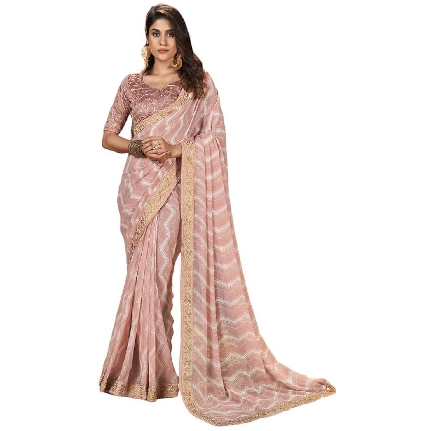 Siril Women's Laheriya Printed Georgette Saree With Unstitched Blouse Piece (3252S588_Dusty Pink)