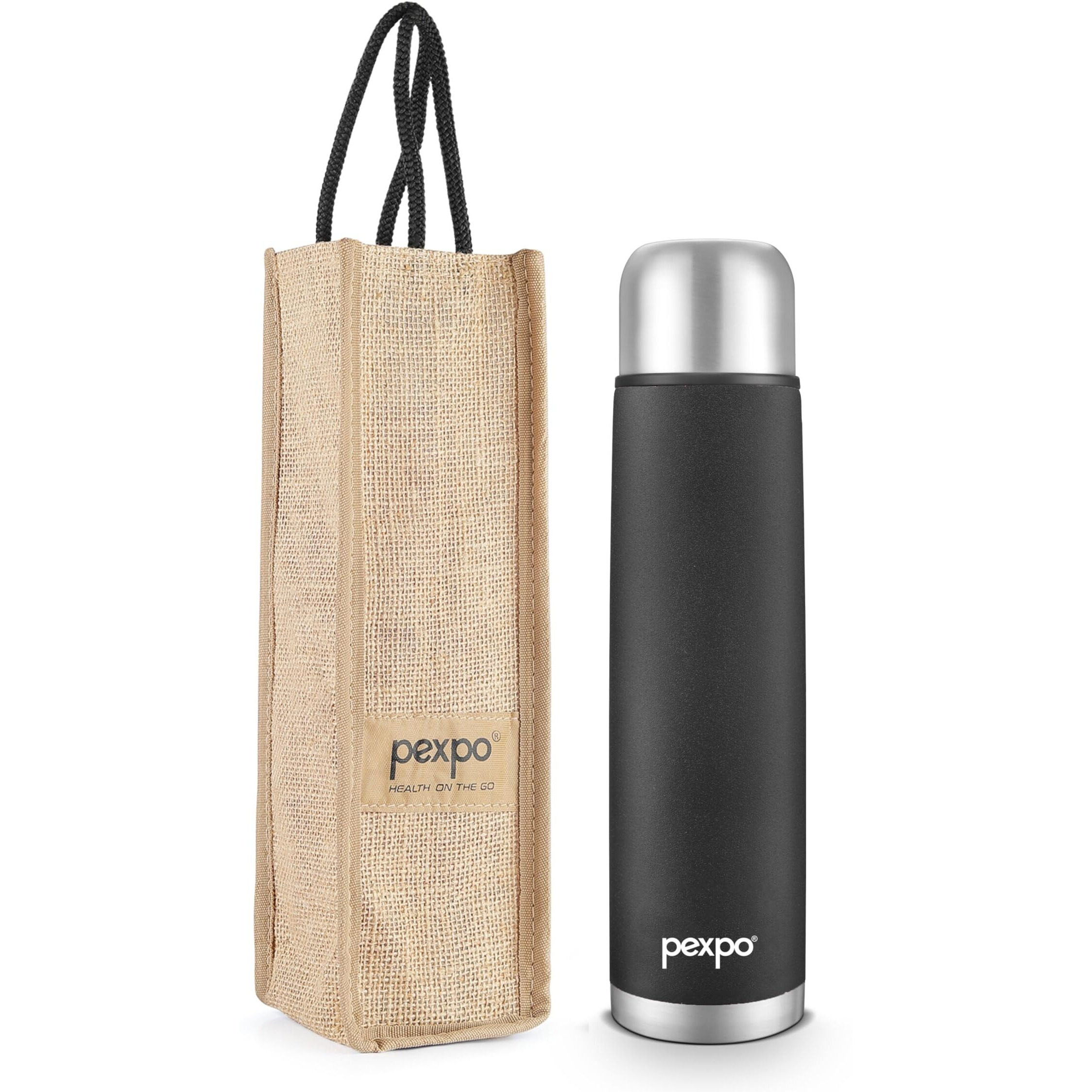 Pexpo Flamingo|Isi Certified|Vacuum Insulated Hot & Cold Stainless Steel Flask|Jute Bag|- 500Ml Knight Black |Steel Bottle|Thermoflask|Leak Proof|Travelling|School & Trekking|Office|Men, Women & Kids