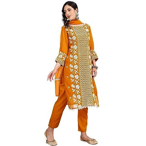 Ethnicjunction Women's Lucknowi Chikankari Embroidered Thread Work Georgette Straight Kurta Pant And Dupatta Set(Skd4-Panel-Mustard_L)