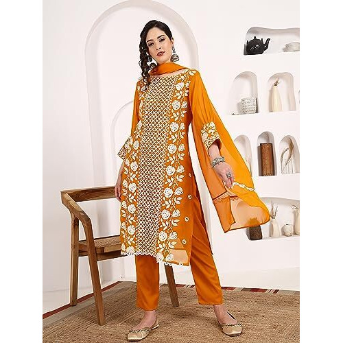 Ethnicjunction Women's Lucknowi Chikankari Embroidered Thread Work Georgette Straight Kurta Pant And Dupatta Set(Skd4-Panel-Mustard_L)