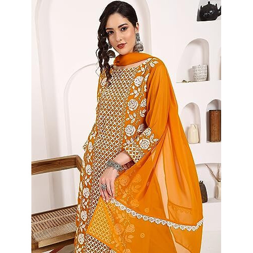 Ethnicjunction Women's Lucknowi Chikankari Embroidered Thread Work Georgette Straight Kurta Pant And Dupatta Set(Skd4-Panel-Mustard_L)