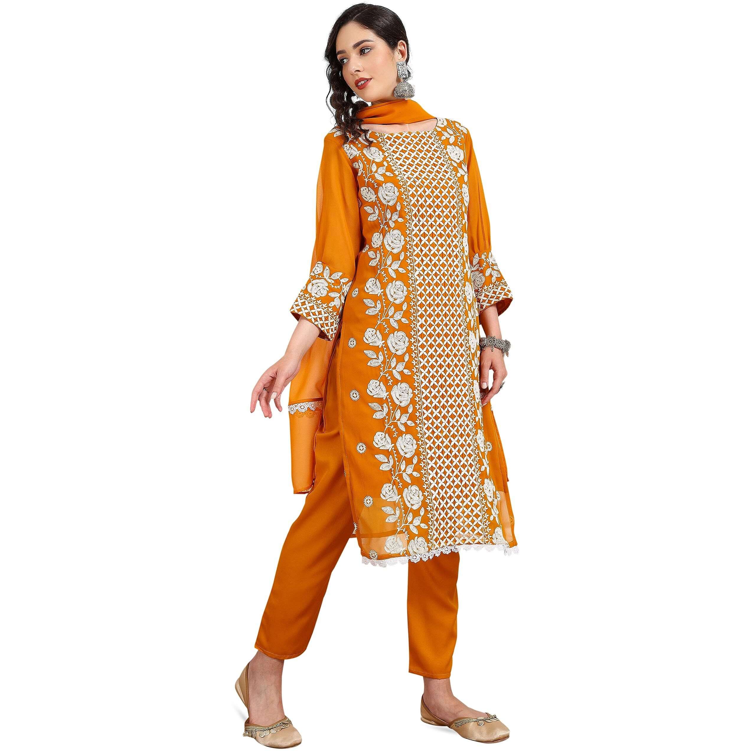 Ethnicjunction Women's Lucknowi Chikankari Embroidered Thread Work Georgette Straight Kurta Pant And Dupatta Set(Skd4-Panel-Mustard_2Xl)