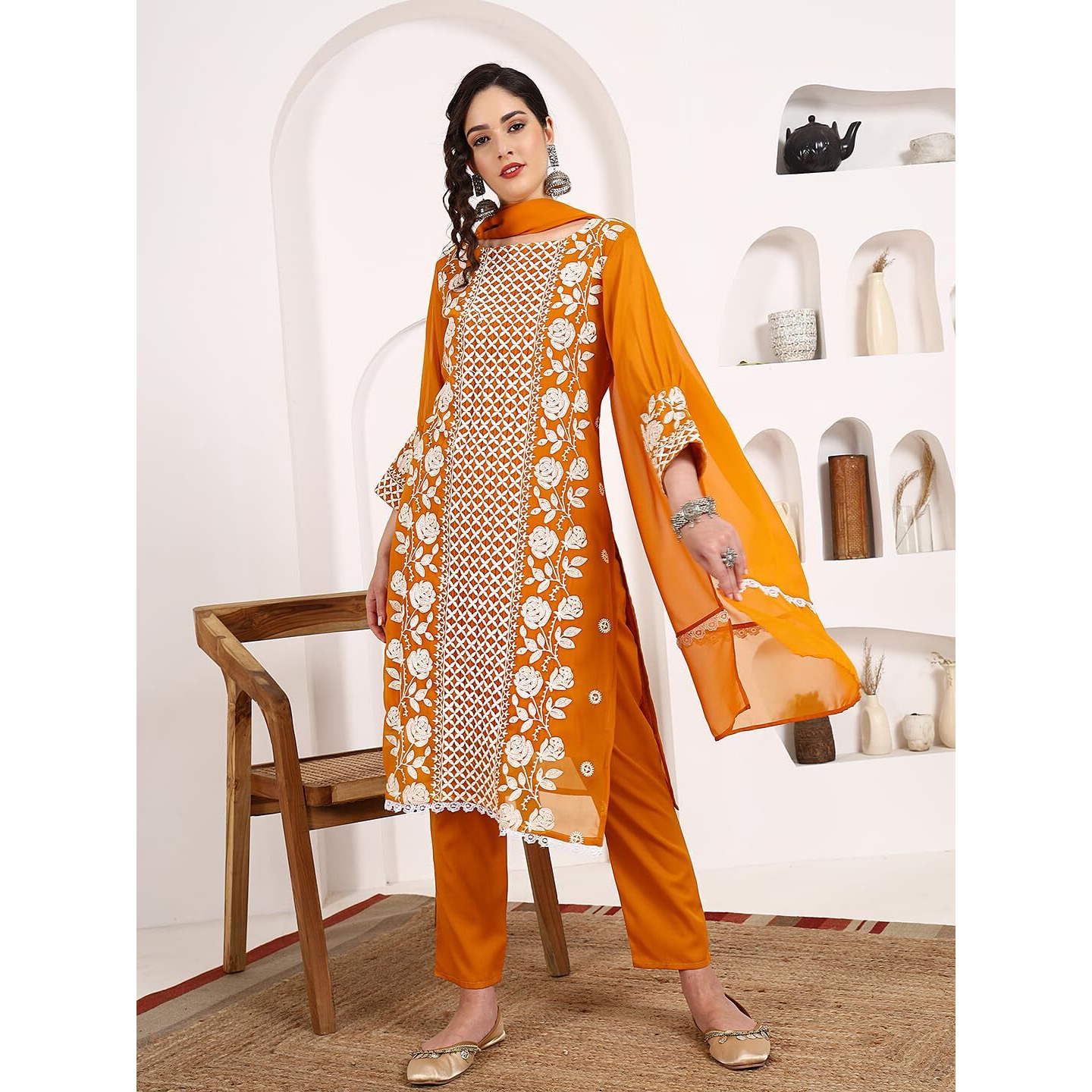Ethnicjunction Women's Lucknowi Chikankari Embroidered Thread Work Georgette Straight Kurta Pant And Dupatta Set(Skd4-Panel-Mustard_2Xl)