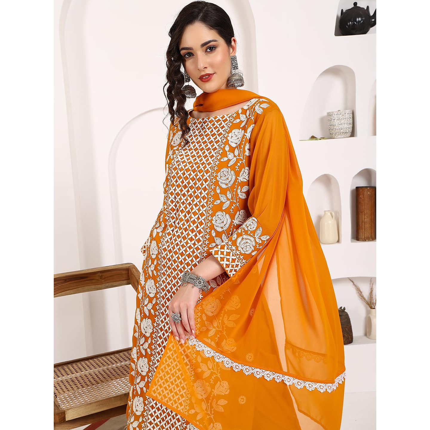 Ethnicjunction Women's Lucknowi Chikankari Embroidered Thread Work Georgette Straight Kurta Pant And Dupatta Set(Skd4-Panel-Mustard_2Xl)