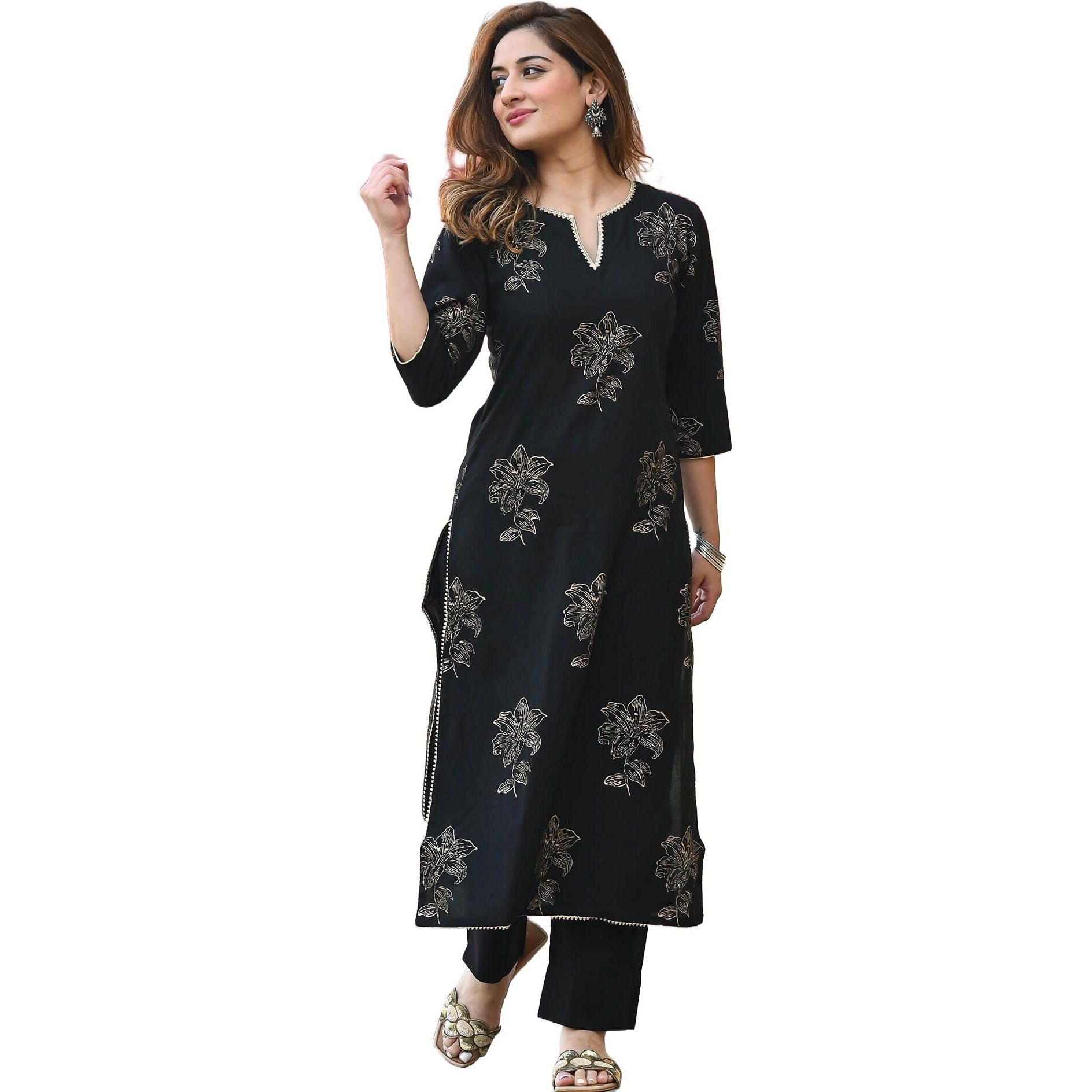 Arayna Women's Gold Printed Rayon Black Kurta Set With Ethnic Palazzo Pants (Xxxx-Large)