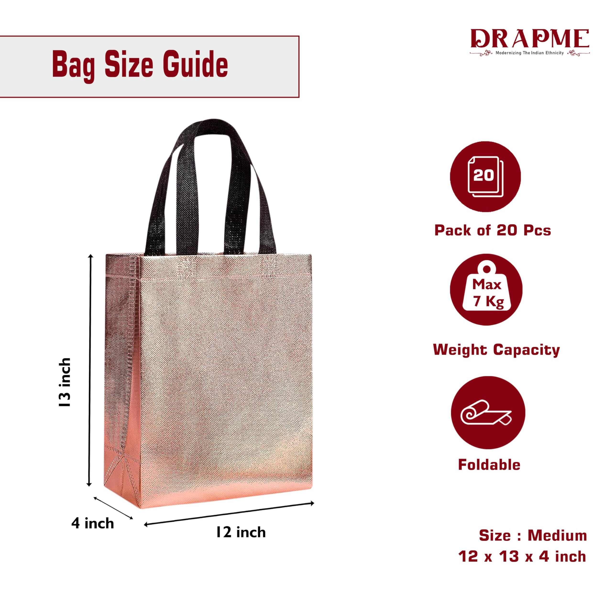 Drapme Medium Size Pack Of 20 Pcs Glossy Metallic Laminated Non-Woven Reusable Eco-Friendly Party Return Gift Bags (Rose Gold) (Medium 12X13X4 Inch)