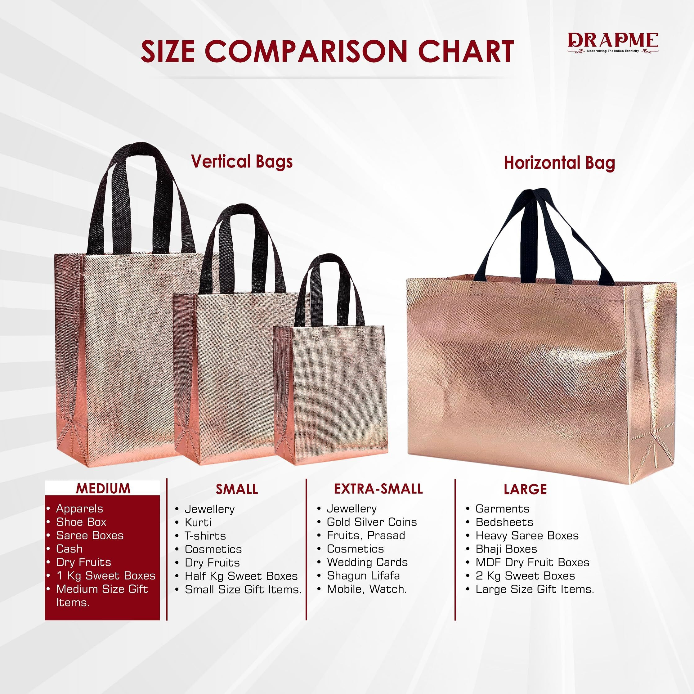 Drapme Medium Size Pack Of 20 Pcs Glossy Metallic Laminated Non-Woven Reusable Eco-Friendly Party Return Gift Bags (Rose Gold) (Medium 12X13X4 Inch)