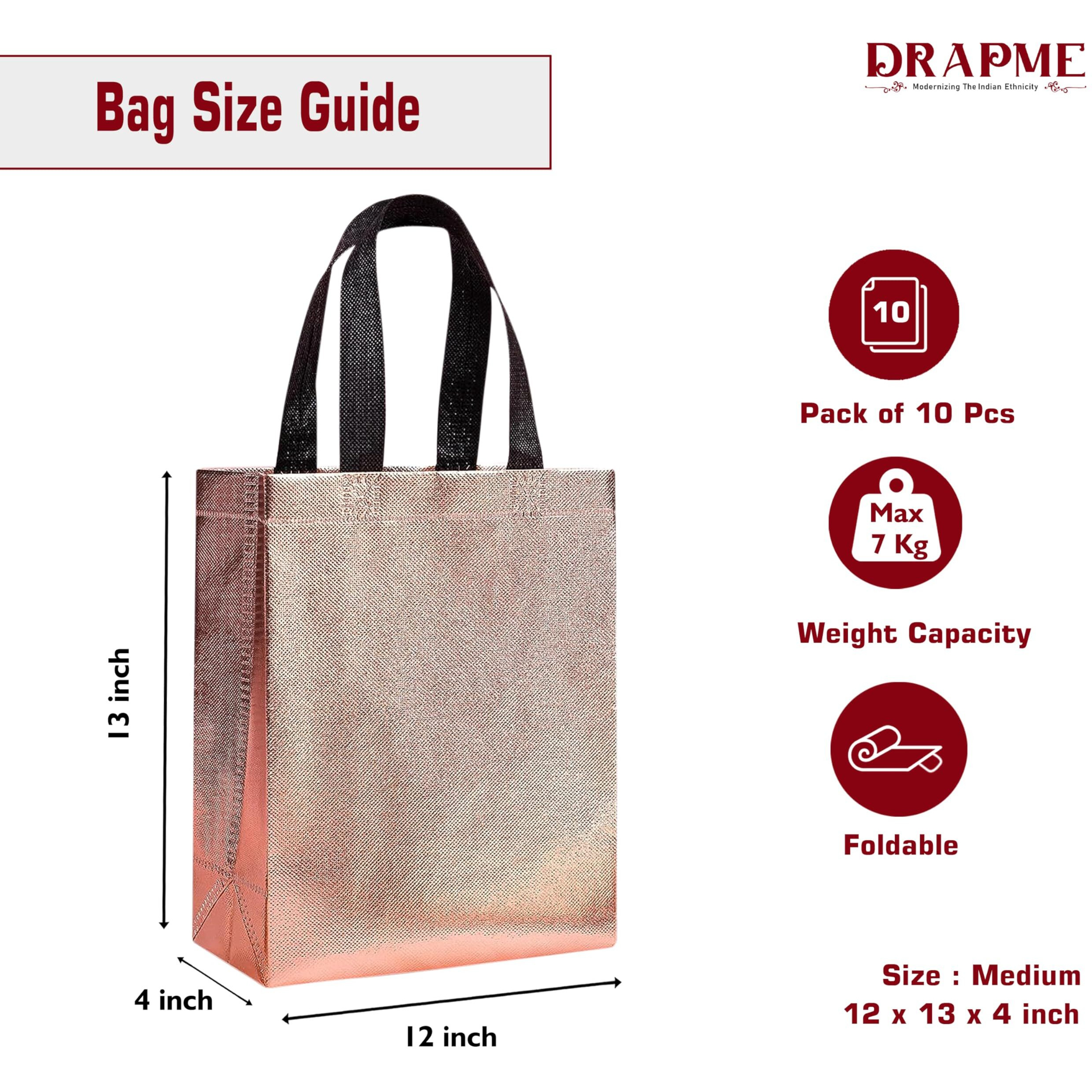Drapme Medium Size Pack Of 10 Pcs Glossy Metallic Laminated Non-Woven Reusable Eco-Friendly Party Return Gift Bags (Rose Gold) (Medium 12X13X4 Inch)