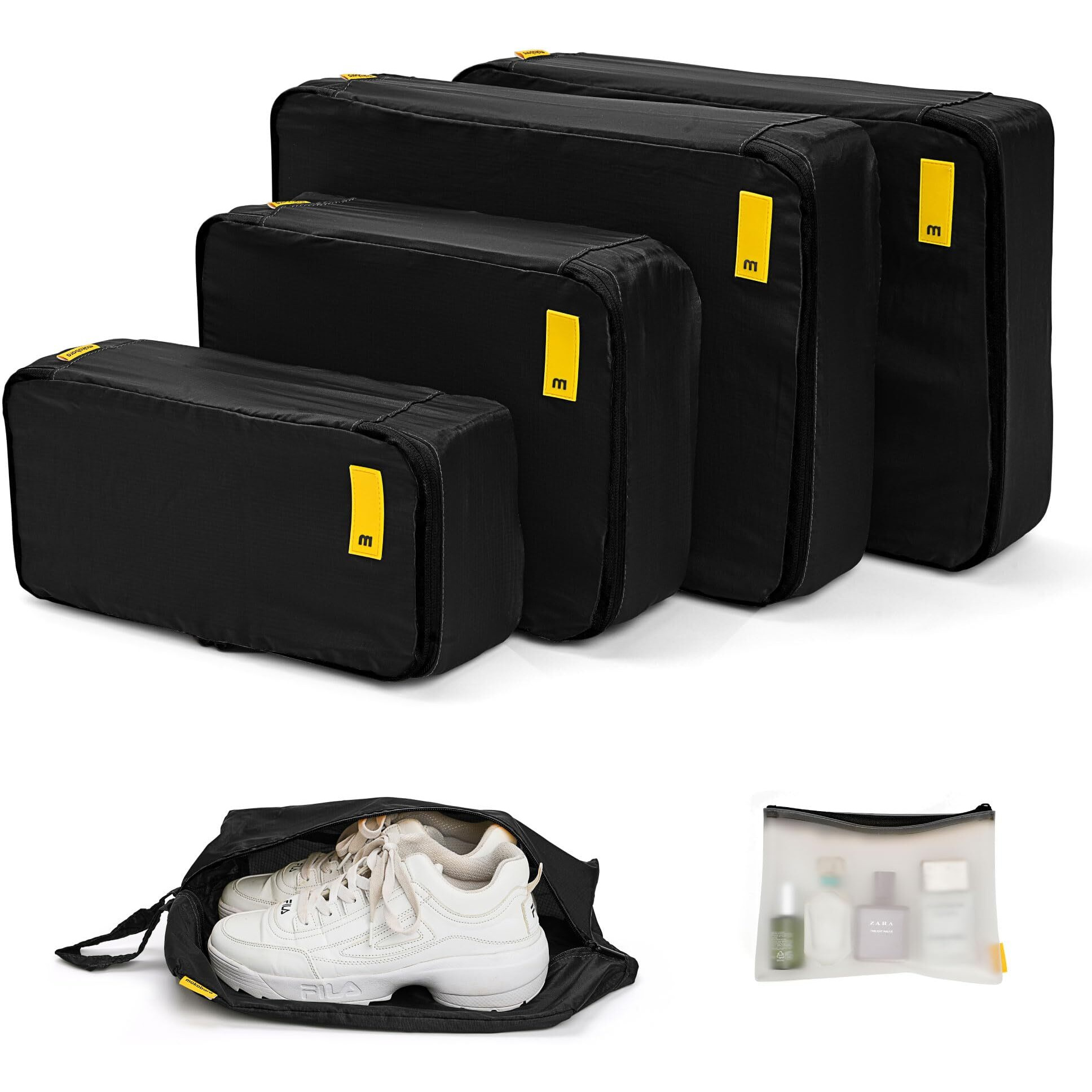 Mokobara The Packing Cube Nylon Fabric Water Resistant Travel Organizer Wardrobe Organizer Set Of Packing Bag (Xl,Large, Medium, Shoe Bag, Toiletry Bag) (Set Of 6, Crypto), Black
