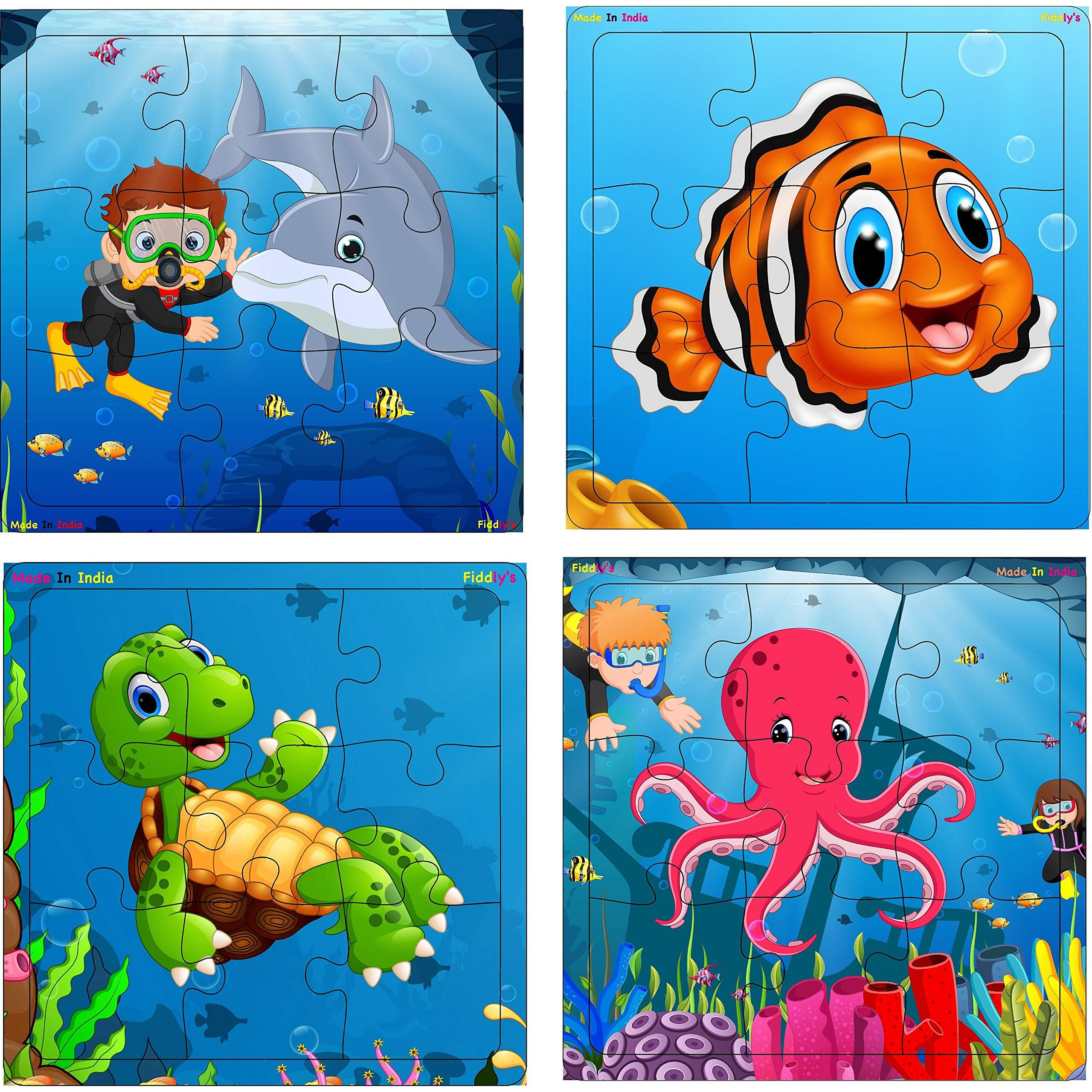 Fiddly's Wood Jigsaw Puzzles For Kids & Children - 9 Pieces (Sea Pack Of 4) Age 3+