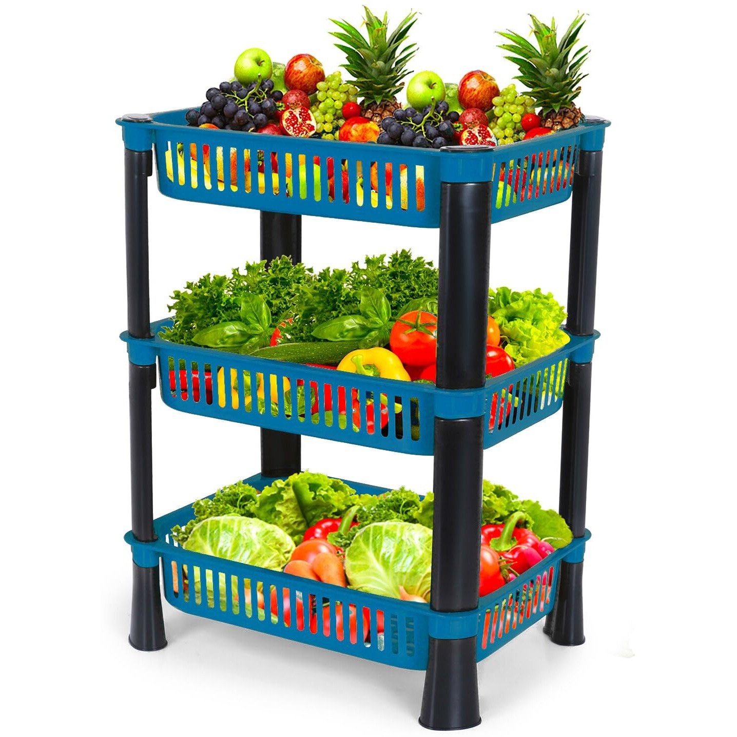 Biltoxi Multipurpose Plastic Storage Rack For Kitchen, Onion Potato Sabji, Fruit Corner Storage Stand Basket, Folding Rack, Countertop Kitchen Organizer Cart, Kitchen Trolley Rack (3 Layer, Blue)