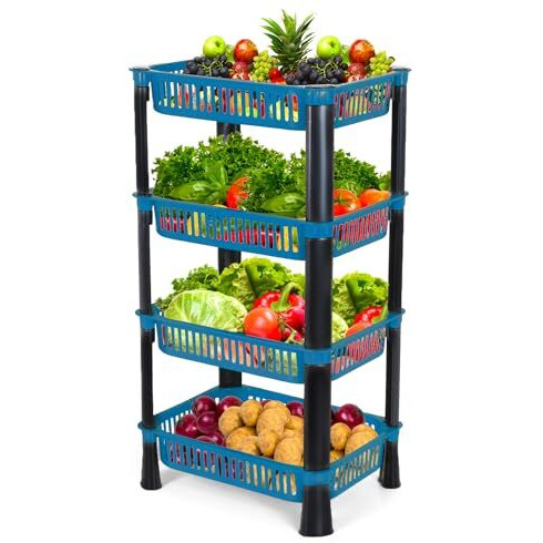 Biltoxi Multipurpose Plastic Storage Rack For Kitchen, Onion Potato Sabji, Fruit Corner Storage Stand Basket, Folding Rack, Countertop Kitchen Organizer Cart, Kitchen Trolley Rack (4 Layer, Blue)