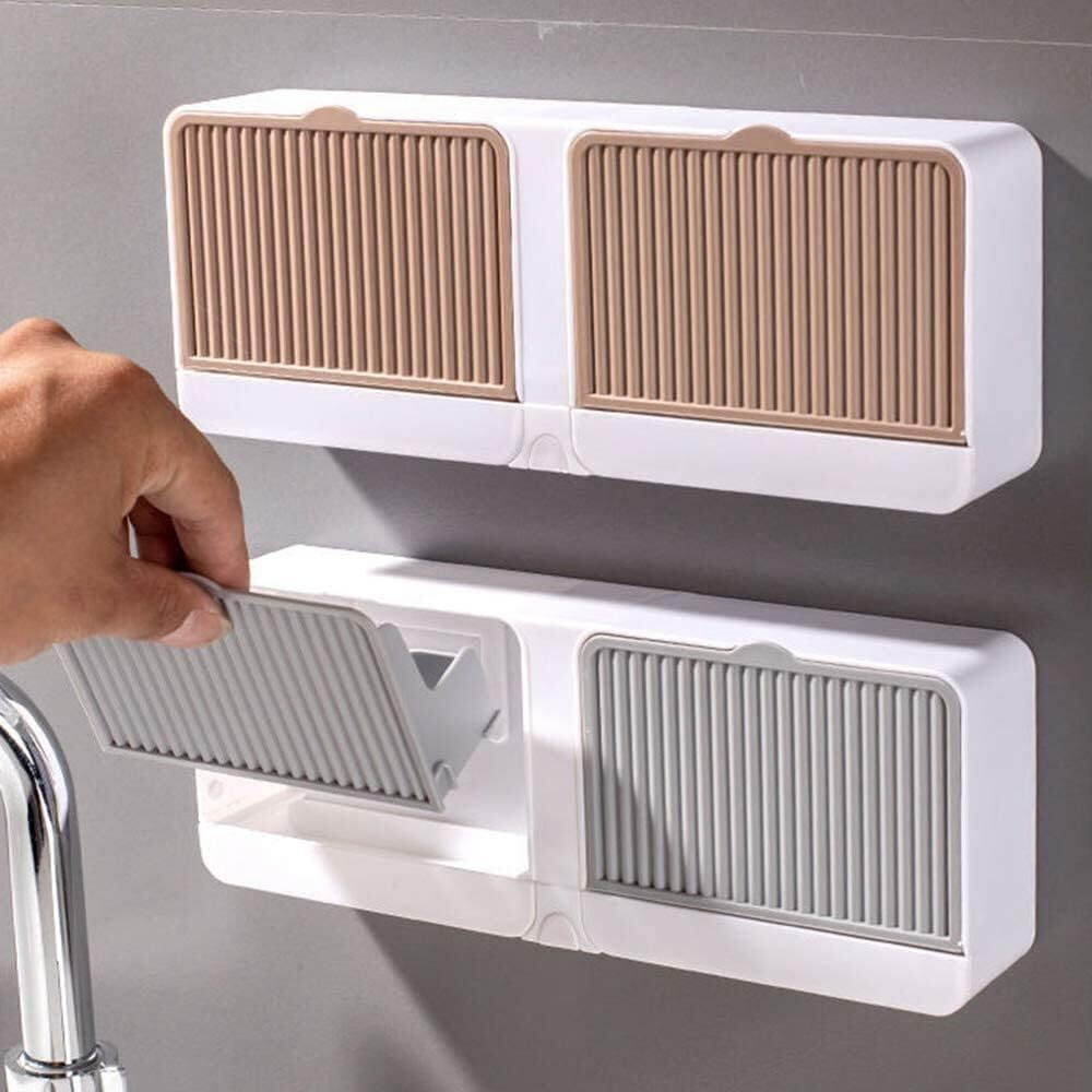 Gropotit New Creative Wall Mounted Soap Box With Lid Double Grids Soap Draining Rack Bathroom Soap Holder Multi-Color, Plastic 1 Pcs (A-1)