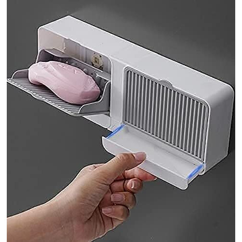 Gropotit New Creative Wall Mounted Soap Box With Lid Double Grids Soap Draining Rack Bathroom Soap Holder Multi-Color, Plastic 1 Pcs (A-1)