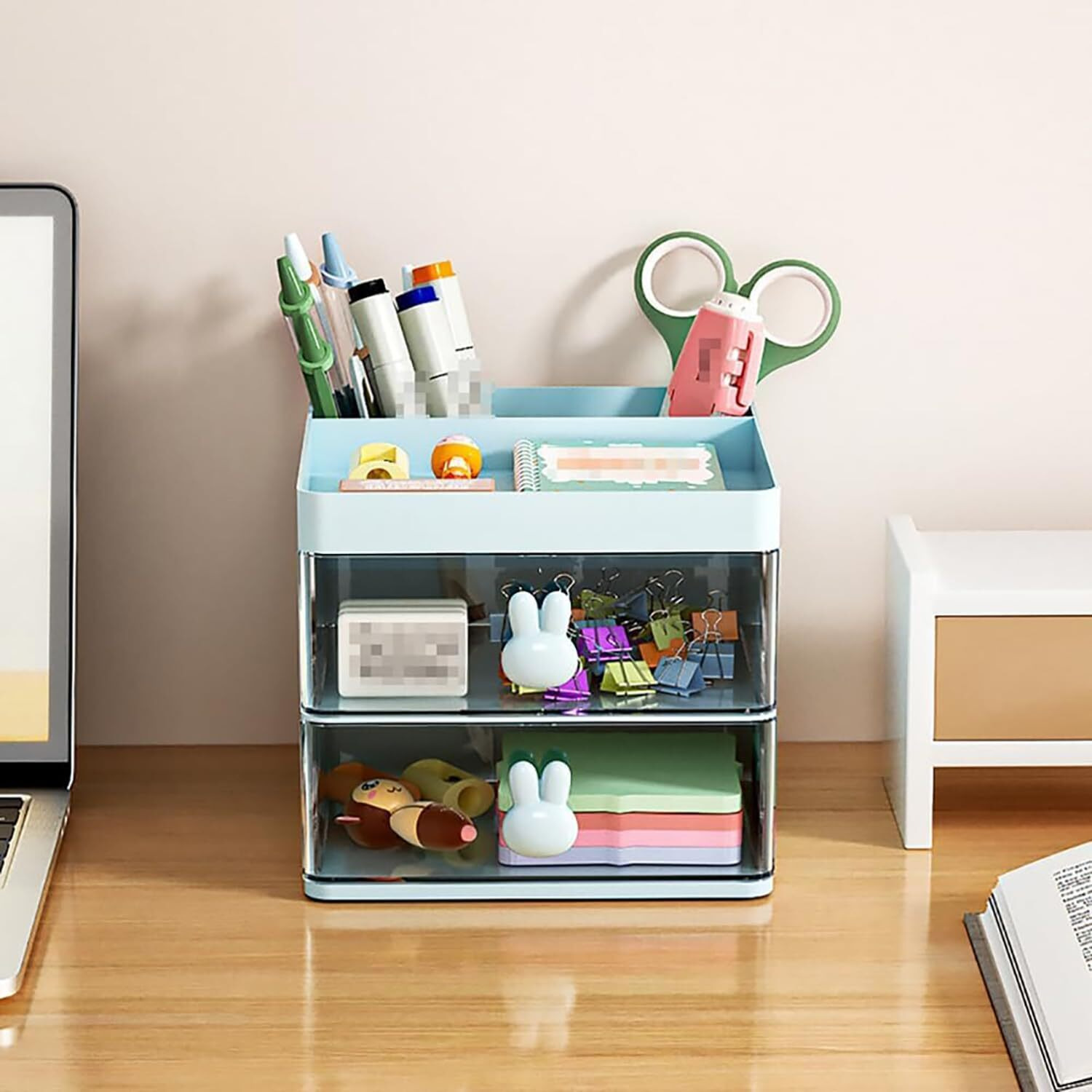 House Of Quirk Small Desk Organizer With Drawer,Multi-Functional Pen Pencil Holder Storage Box For Desk & Accessories With 3 Compartments + 2 Drawer For Office Art Supplies (Blue)