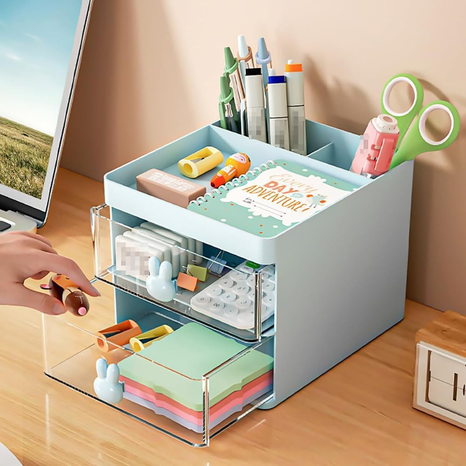 House Of Quirk Small Desk Organizer With Drawer,Multi-Functional Pen Pencil Holder Storage Box For Desk & Accessories With 3 Compartments + 2 Drawer For Office Art Supplies (Blue)