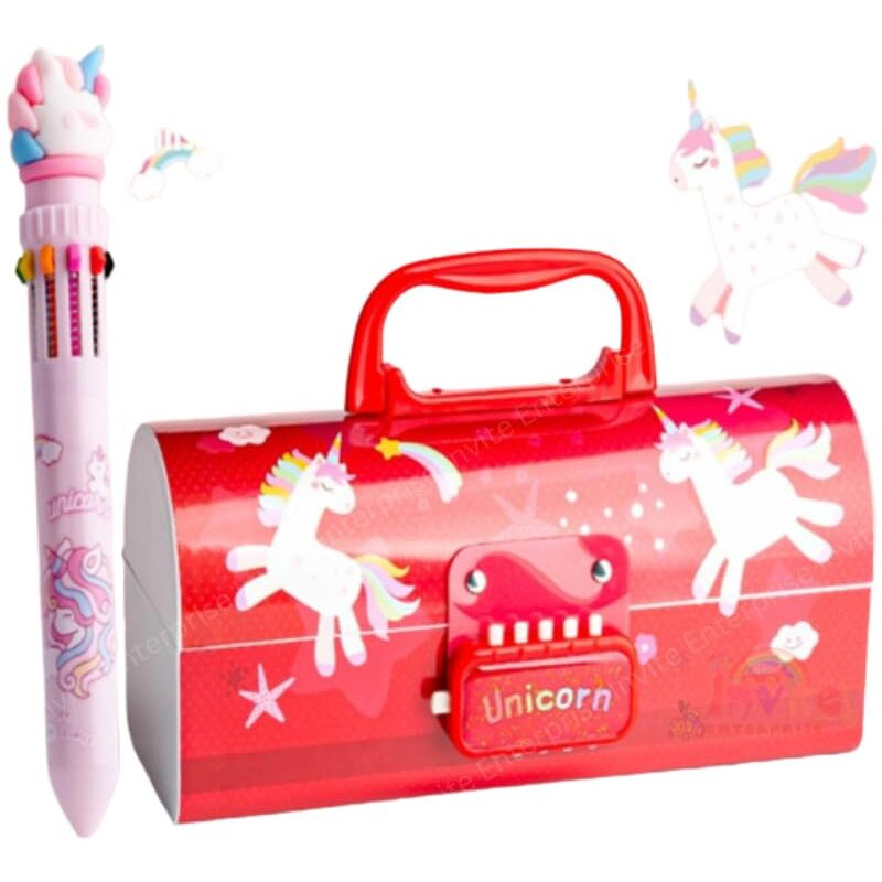 Invite Enterprise Plastic Children's Pen & Pencil Box Suitcase-Style Password-Lock Multi-Layer Pencil Box For Boys And Girls, Stationery Organizer Case Gift For Children (Red Unicorn Theme)