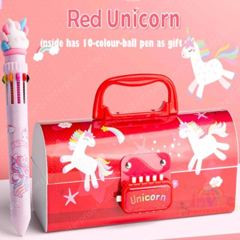 Invite Enterprise Plastic Children's Pen & Pencil Box Suitcase-Style Password-Lock Multi-Layer Pencil Box For Boys And Girls, Stationery Organizer Case Gift For Children (Red Unicorn Theme)