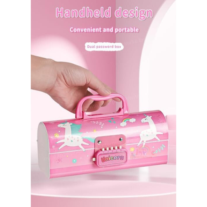 Invite Enterprise Plastic Children's Pen & Pencil Box Suitcase-Style Password-Lock Multi-Layer Pencil Box For Boys And Girls, Stationery Organizer Case Gift For Children (Red Unicorn Theme)