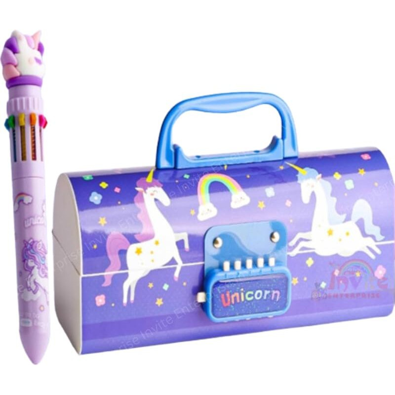 Invite Enterprise Plastic Children's Pen & Pencil Box, Suitcase-Style Password-Lock Multi-Layer Pencil Box For Boys And Girls, Stationery Organizer Case Gift For Children (Blue Unicorn Theme)