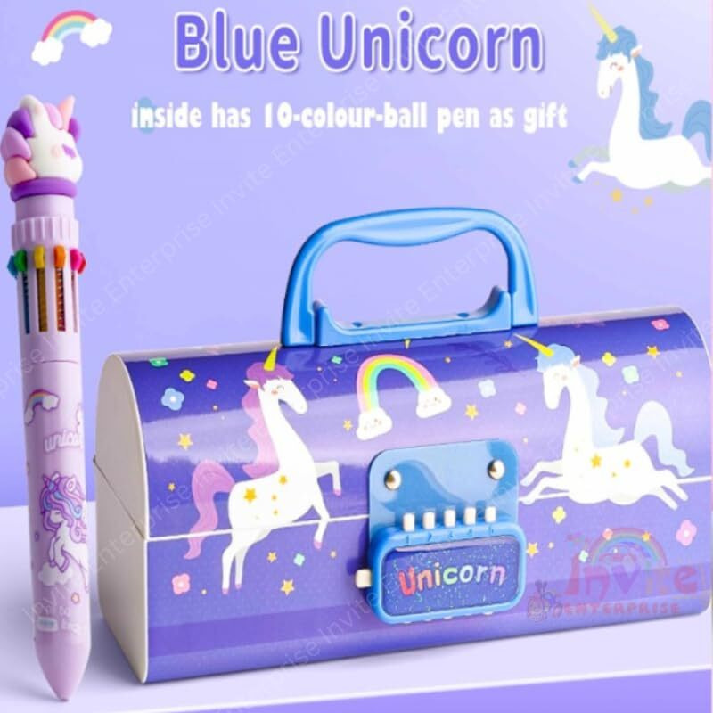 Invite Enterprise Plastic Children's Pen & Pencil Box, Suitcase-Style Password-Lock Multi-Layer Pencil Box For Boys And Girls, Stationery Organizer Case Gift For Children (Blue Unicorn Theme)