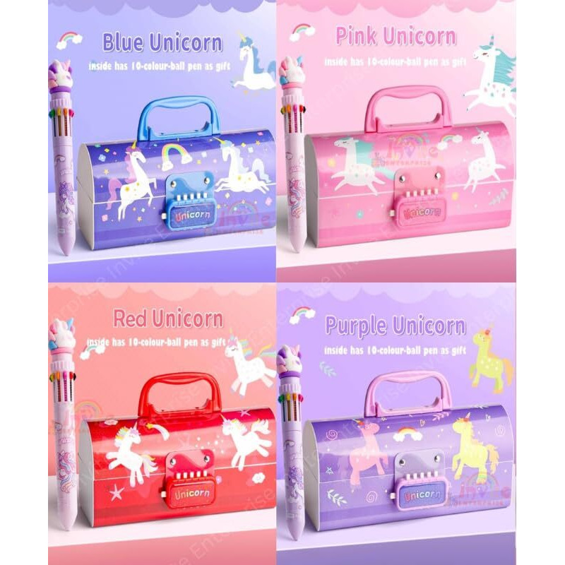 Invite Enterprise Plastic Children's Pen & Pencil Box, Suitcase-Style Password-Lock Multi-Layer Pencil Box For Boys And Girls, Stationery Organizer Case Gift For Children (Blue Unicorn Theme)