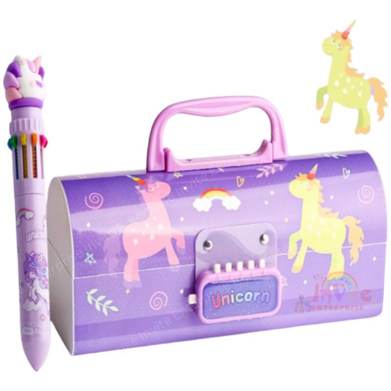 Invite Enterprise Plastic Children's Pen & Pencil Box Suitcase-Style Password-Lock Multi-Layer Pencil Box For Boys And Girls, Stationery Organizer Case Gift For Children (Purple Unicorn Theme)