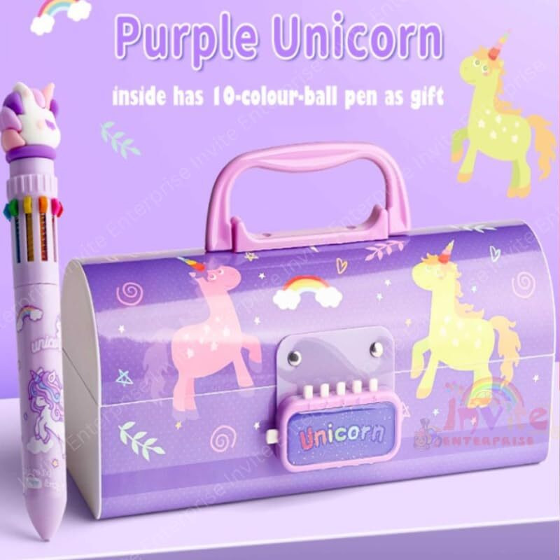 Invite Enterprise Plastic Children's Pen & Pencil Box Suitcase-Style Password-Lock Multi-Layer Pencil Box For Boys And Girls, Stationery Organizer Case Gift For Children (Purple Unicorn Theme)