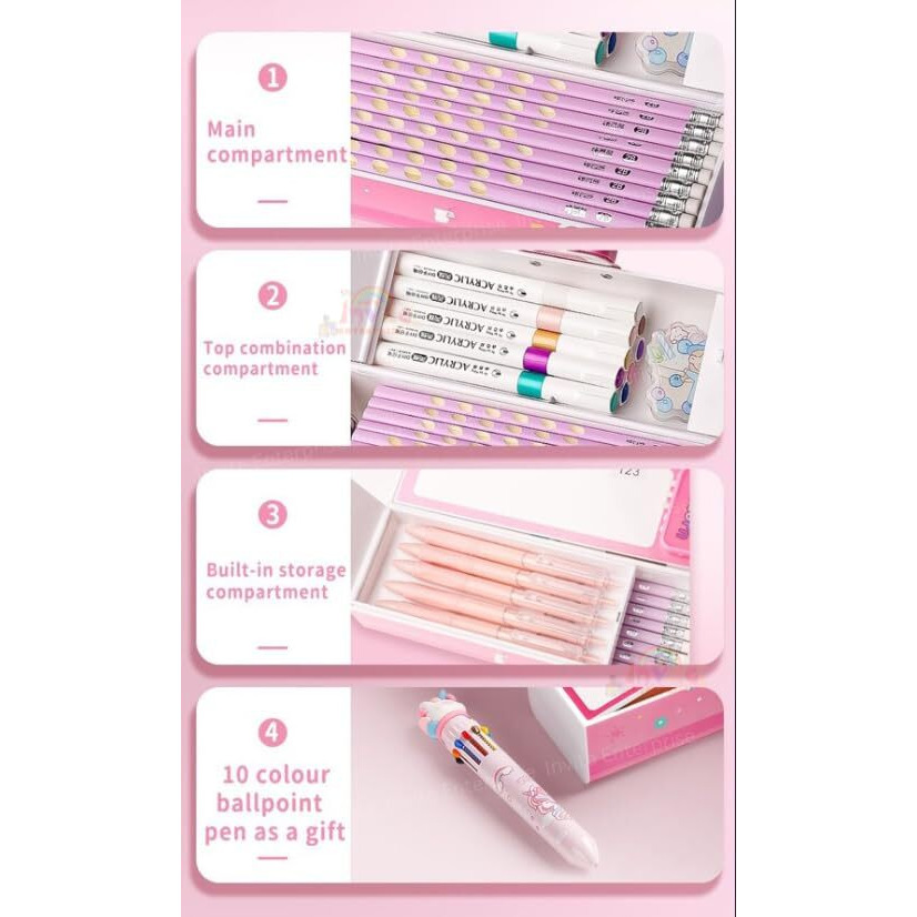 Invite Enterprise Plastic Children's Pen & Pencil Box Suitcase-Style Password-Lock Multi-Layer Pencil Box For Boys And Girls, Stationery Organizer Case Gift For Children (Purple Unicorn Theme)