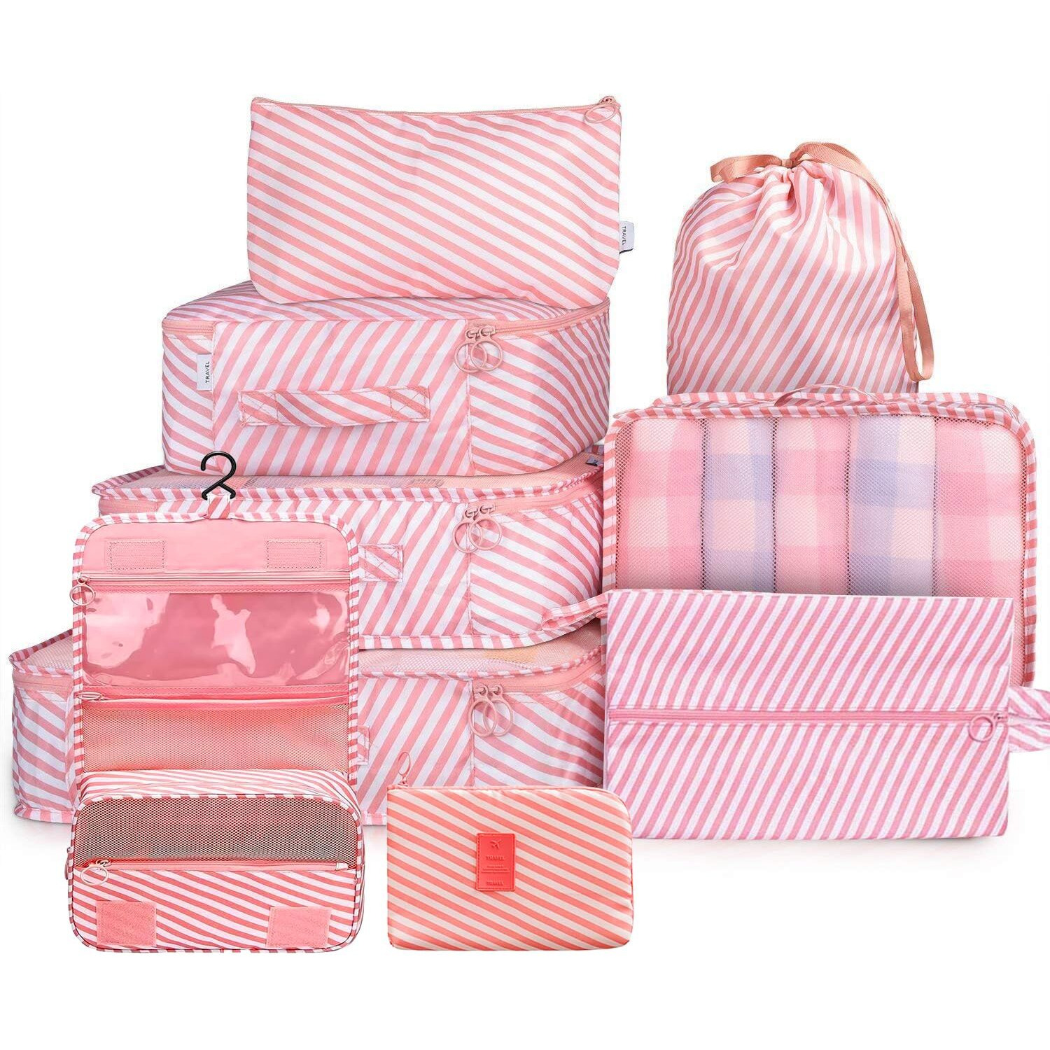 House Of Quirk Polyester 9Pcs Set Travel Organizer Packing Cubes Lightweight Travel Luggage Organizers With Laundry Bag(Pink Stripes),30 Cm,12 Cm
