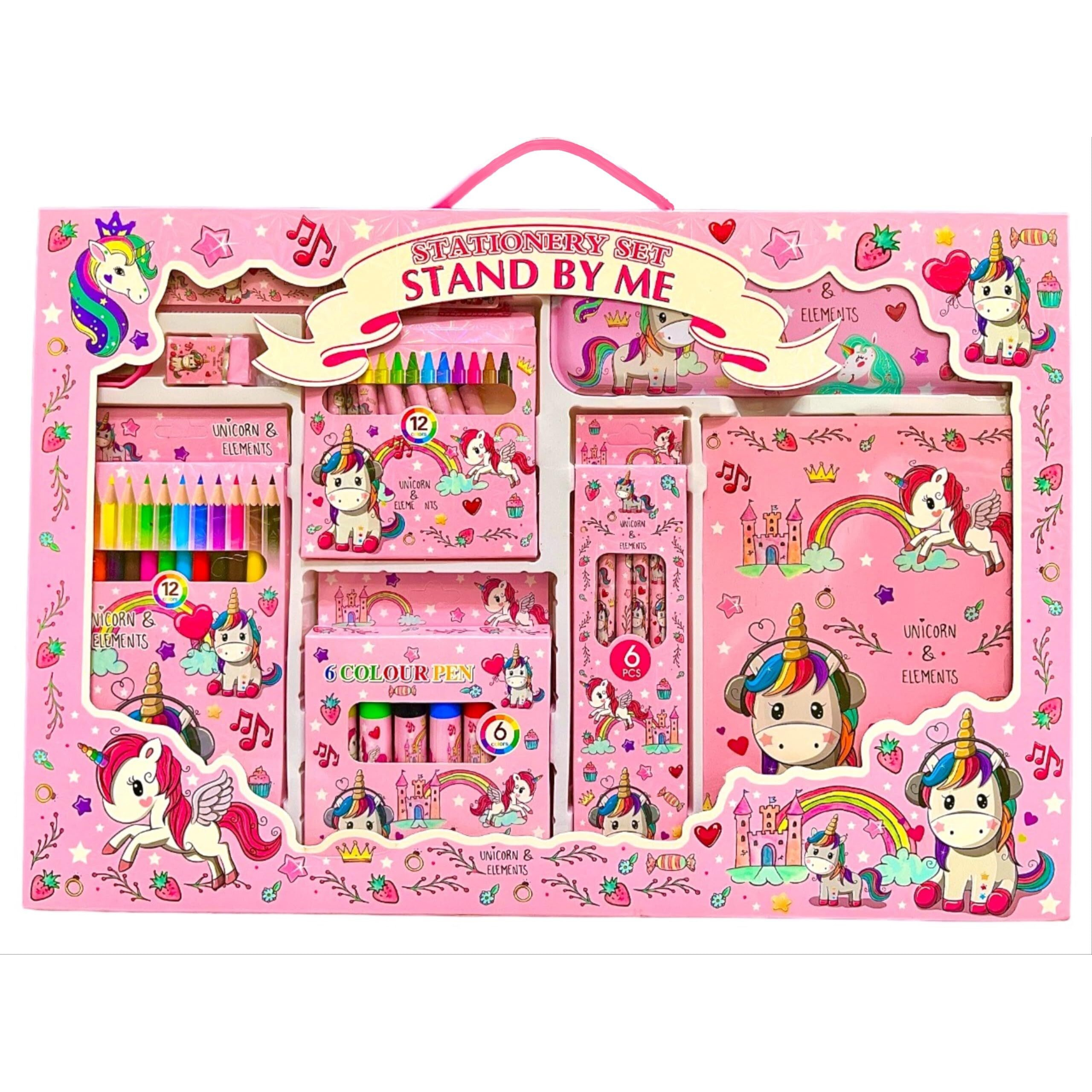 Sillyme 41 Pcs Mega Unicorn Stationery Set For Girls - Birthday Gift For Girls - Metal Geometry Box For Girls, Pencil Colour Sets., Unicorn Diary, Crayon, Skech Pens, Pencil Eraser Scale