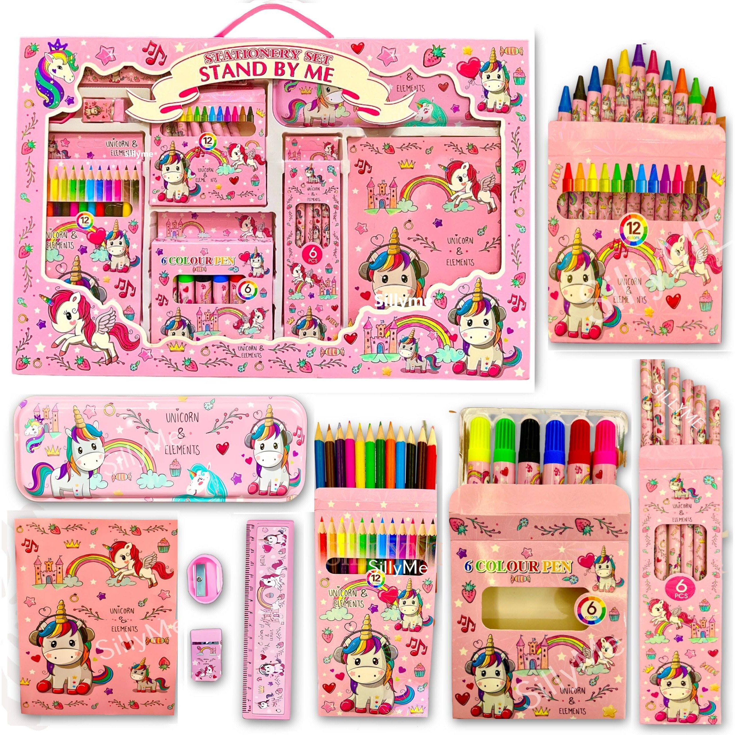 Sillyme 41 Pcs Mega Unicorn Stationery Set For Girls - Birthday Gift For Girls - Metal Geometry Box For Girls, Pencil Colour Sets., Unicorn Diary, Crayon, Skech Pens, Pencil Eraser Scale