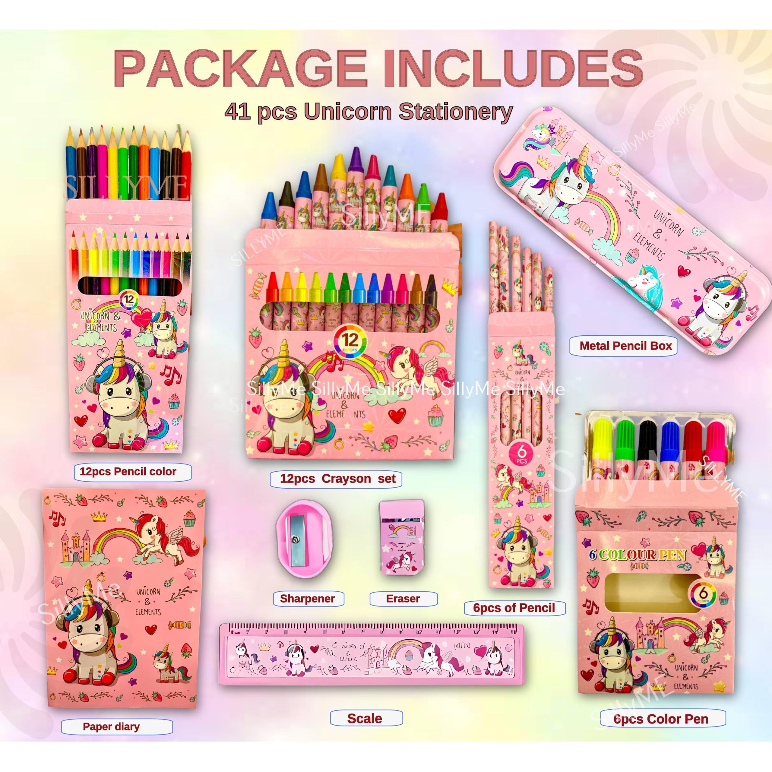 Sillyme 41 Pcs Mega Unicorn Stationery Set For Girls - Birthday Gift For Girls - Metal Geometry Box For Girls, Pencil Colour Sets., Unicorn Diary, Crayon, Skech Pens, Pencil Eraser Scale