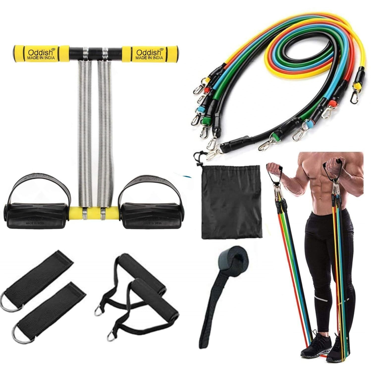Oddish Way To Fitness 11 In 1 Resistance Bands/Toning Tube Double And Single/Tummy Trimmer/Large & Standered Springs Combo Pack For Man & Women (Large Spring With 11 In One,Yellow) - Natural Rubber
