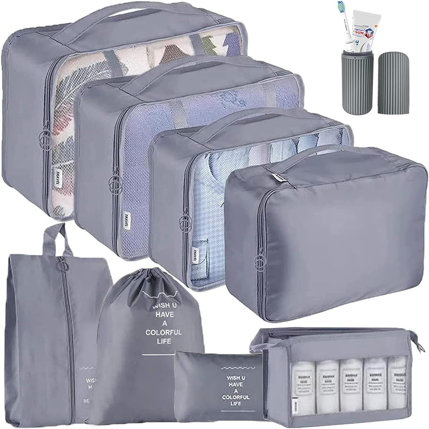 Oceanevo 9 Pcs Packing Cubes, Travel Luggage Organizer For Men And Women, Toiletry Bag, Packing Cubes For Travel With Tooth Brush Holder- Set Of 9 - Grey