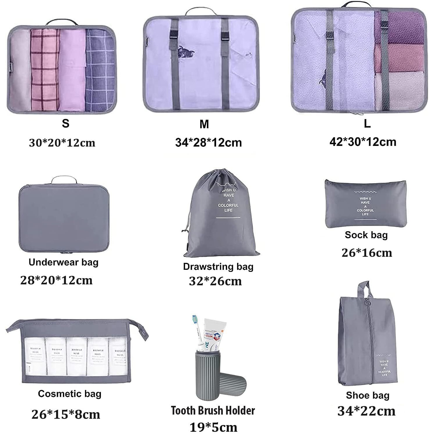 Oceanevo 9 Pcs Packing Cubes, Travel Luggage Organizer For Men And Women, Toiletry Bag, Packing Cubes For Travel With Tooth Brush Holder- Set Of 9 - Grey