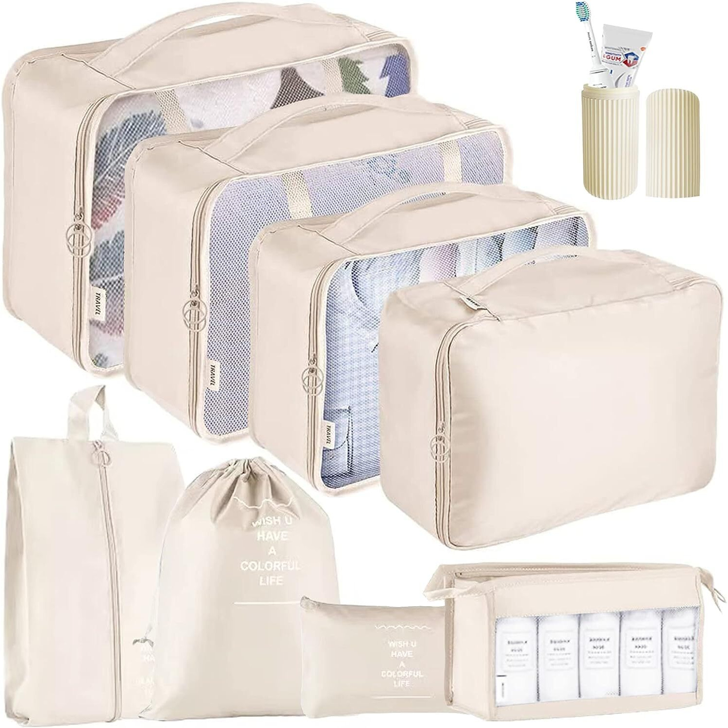 Oceanevo 9 Pcs Packing Cubes, Travel Luggage Organizer For Men And Women, Toiletry Bag, Packing Cubes For Travel With Tooth Brush Holder- Set Of 9 - Beige