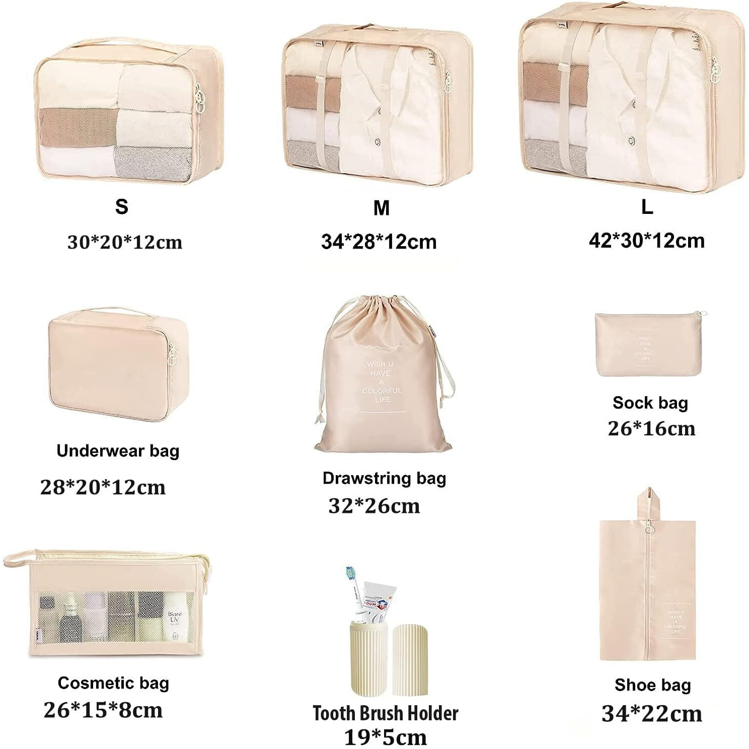 Oceanevo 9 Pcs Packing Cubes, Travel Luggage Organizer For Men And Women, Toiletry Bag, Packing Cubes For Travel With Tooth Brush Holder- Set Of 9 - Beige