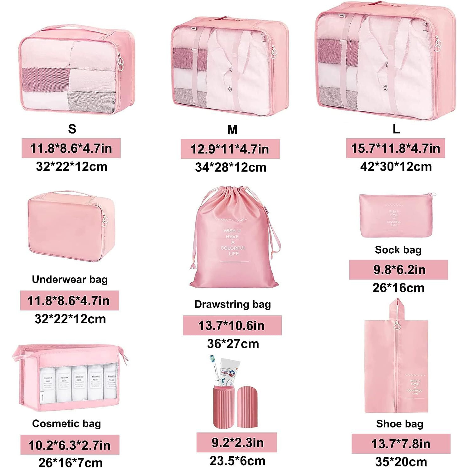 Oceanevo 9 Pcs Packing Cubes, Travel Luggage Organizer For Men And Women, Toiletry Bag, Packing Cubes For Travel With Tooth Brush Holder- Set Of 9 - Pink