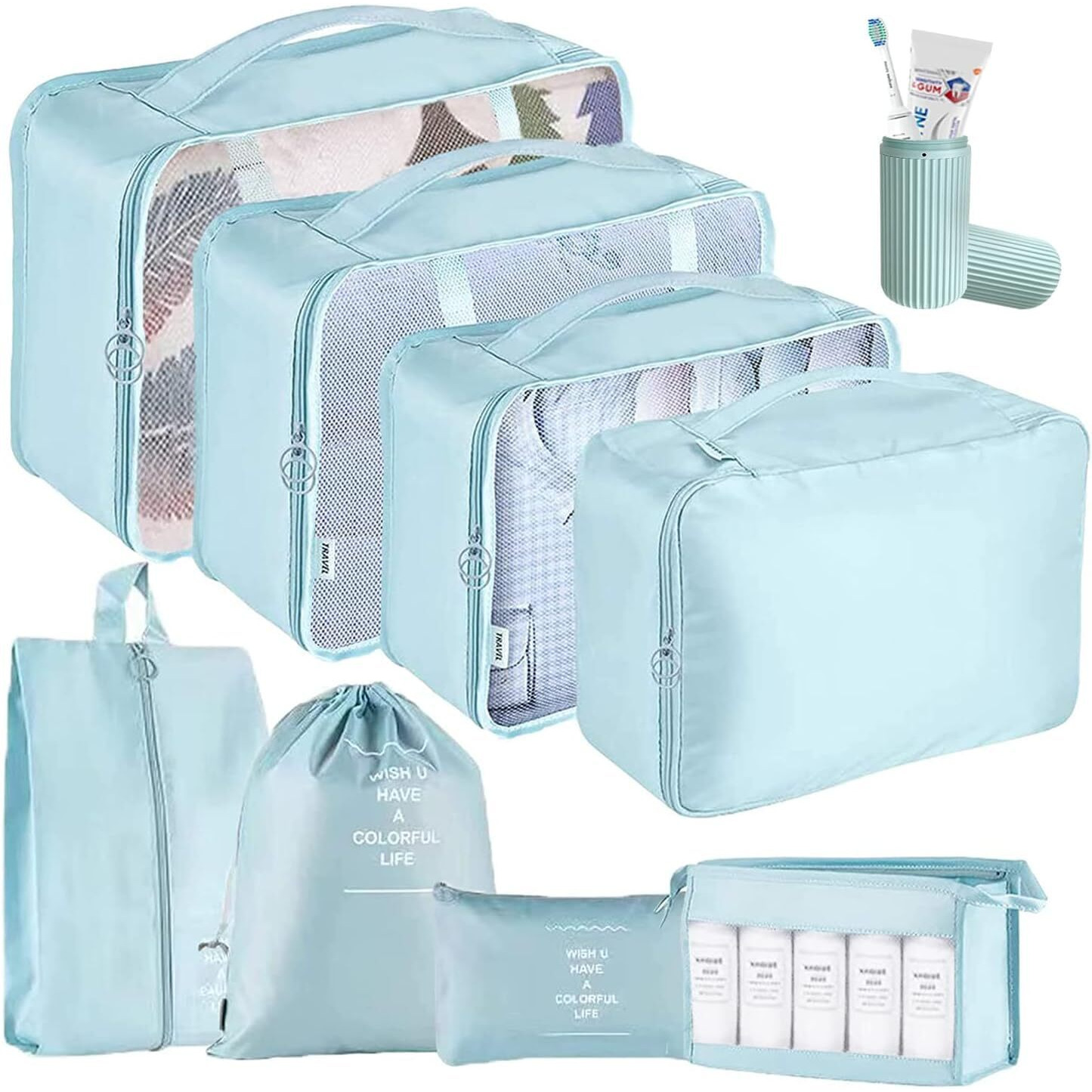 Oceanevo Polypropylene 9 Pcs Packing Cubes, Travel Luggage Organizer For Men And Women, Toiletry Bag, Packing Cubes For Travel With Tooth Brush Holder- Set Of 9- Sky Blue