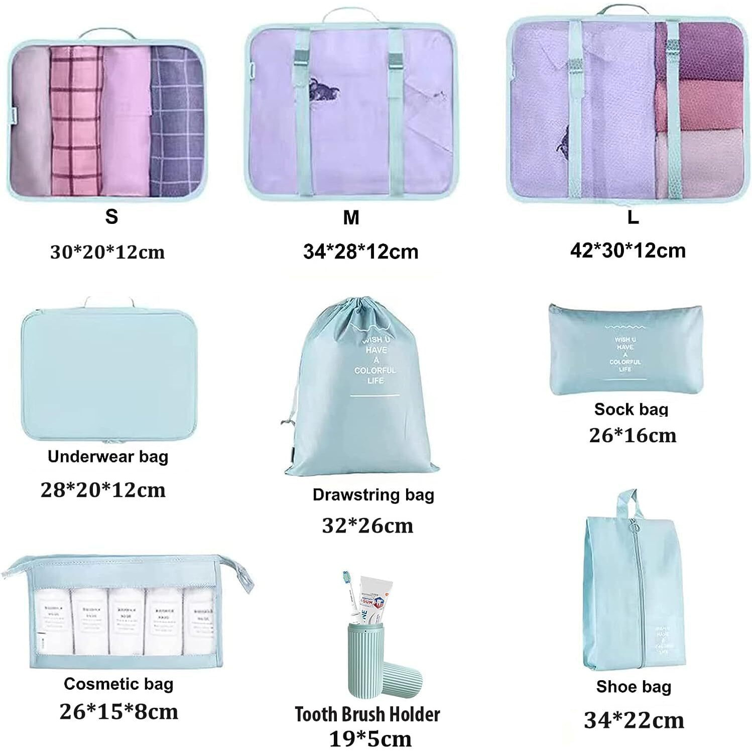 Oceanevo Polypropylene 9 Pcs Packing Cubes, Travel Luggage Organizer For Men And Women, Toiletry Bag, Packing Cubes For Travel With Tooth Brush Holder- Set Of 9- Sky Blue