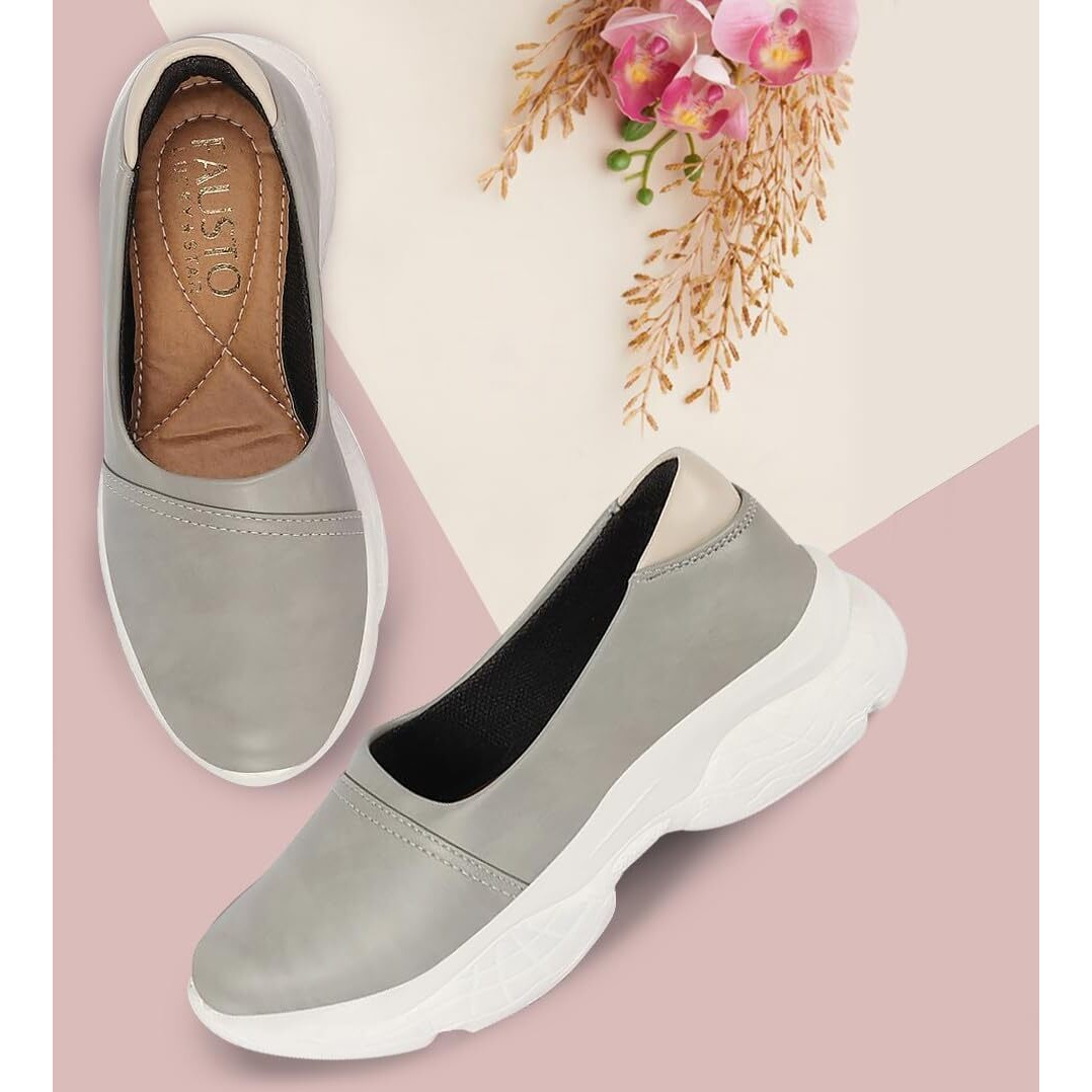 Fausto Women's Outdoor Fashion Stitched Slip On Shoes (Grey, 8)