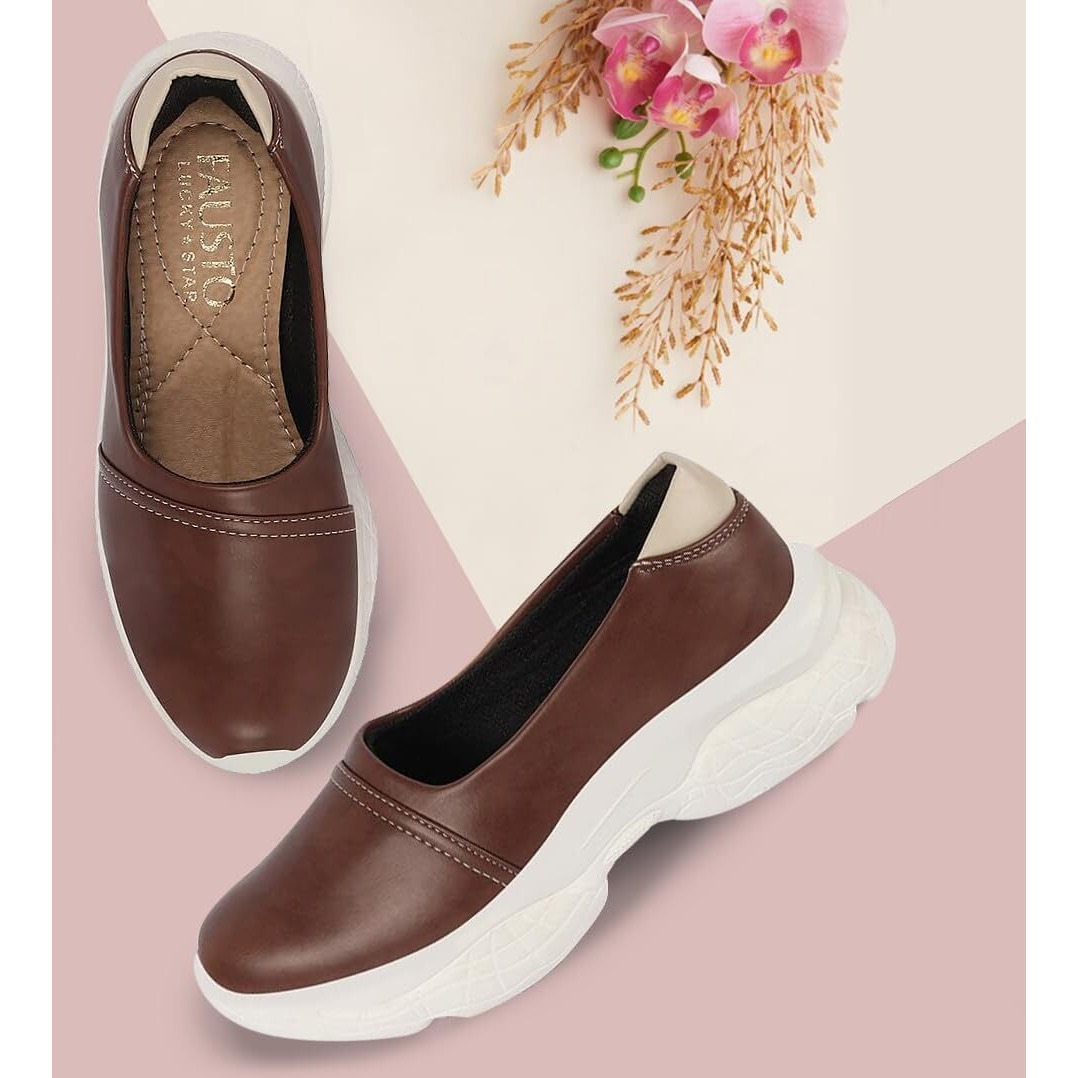 Fausto Women's Outdoor Fashion Stitched Slip On Shoes (Brown, 8)