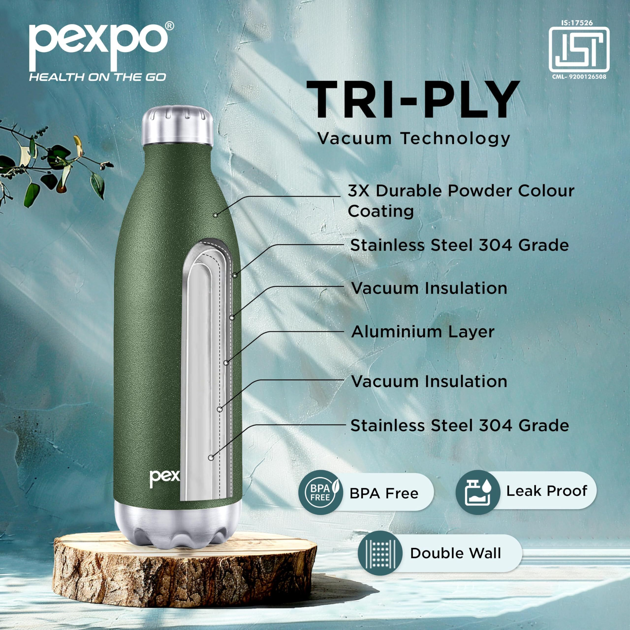 Pexpo Electro Pro Hot & Cold Isi Certified With Jute Bag | Stainless Steel Water Bottle -1800Ml Military Green | Thermoflask | Office Bottle | Workout | Travelling | Home | Rcb Edition
