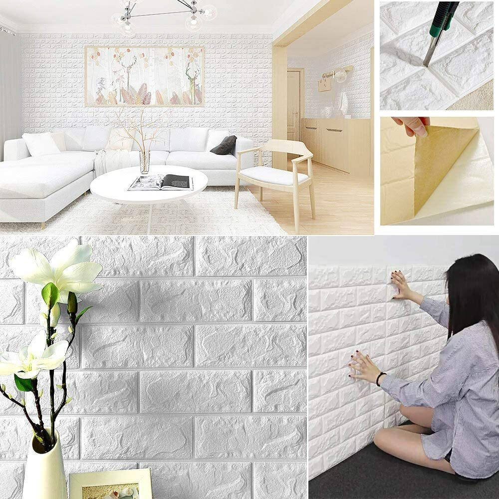Brick Wallpaper - Self Adhesive Pe Foam Brick Design 3D Wall Stickers Full Coverage Diy Wallpaper For Home Hotel Living Room Bedroom & Cafe 70 X 77Cm, Appx. 5.8Sq Feet White -Pack Of 25
