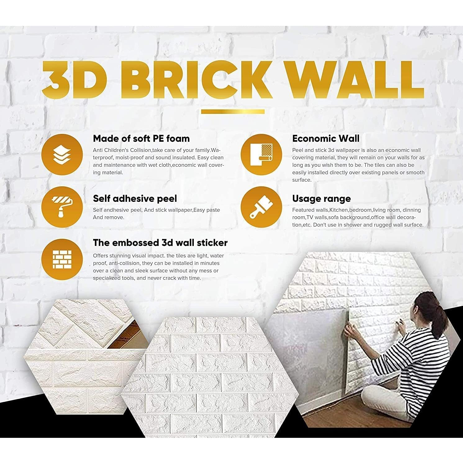 Brick Wallpaper - Self Adhesive Pe Foam Brick Design 3D Wall Stickers Full Coverage Diy Wallpaper For Home Hotel Living Room Bedroom & Cafe 70 X 77Cm, Appx. 5.8Sq Feet White -Pack Of 25