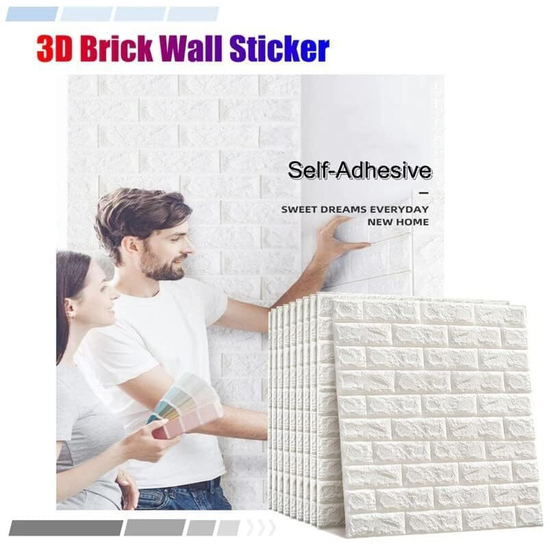 Brick Wallpaper - Self Adhesive Pe Foam Brick Design 3D Wall Stickers Full Coverage Diy Wallpaper For Home Hotel Living Room Bedroom & Caf 70 X 77Cm, Appx. 5.8Sq Feet White Pack Of 20