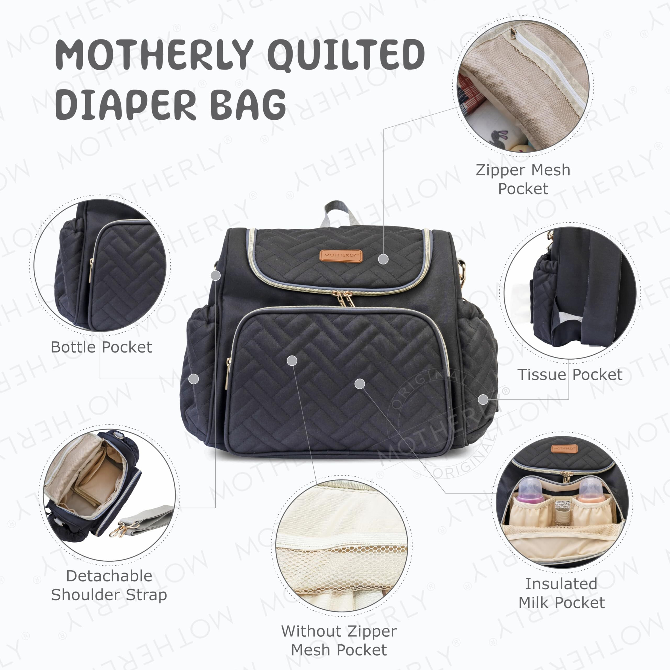 Motherly Quilted Diaper Bag For Mothers For Travel, Maternity Bag For Newborn Baby, Mother Travelling Bag, Multi Pocket Water Resistant Baby Bag, Hospital Bag For Moms With Warranty And Offers (Black)