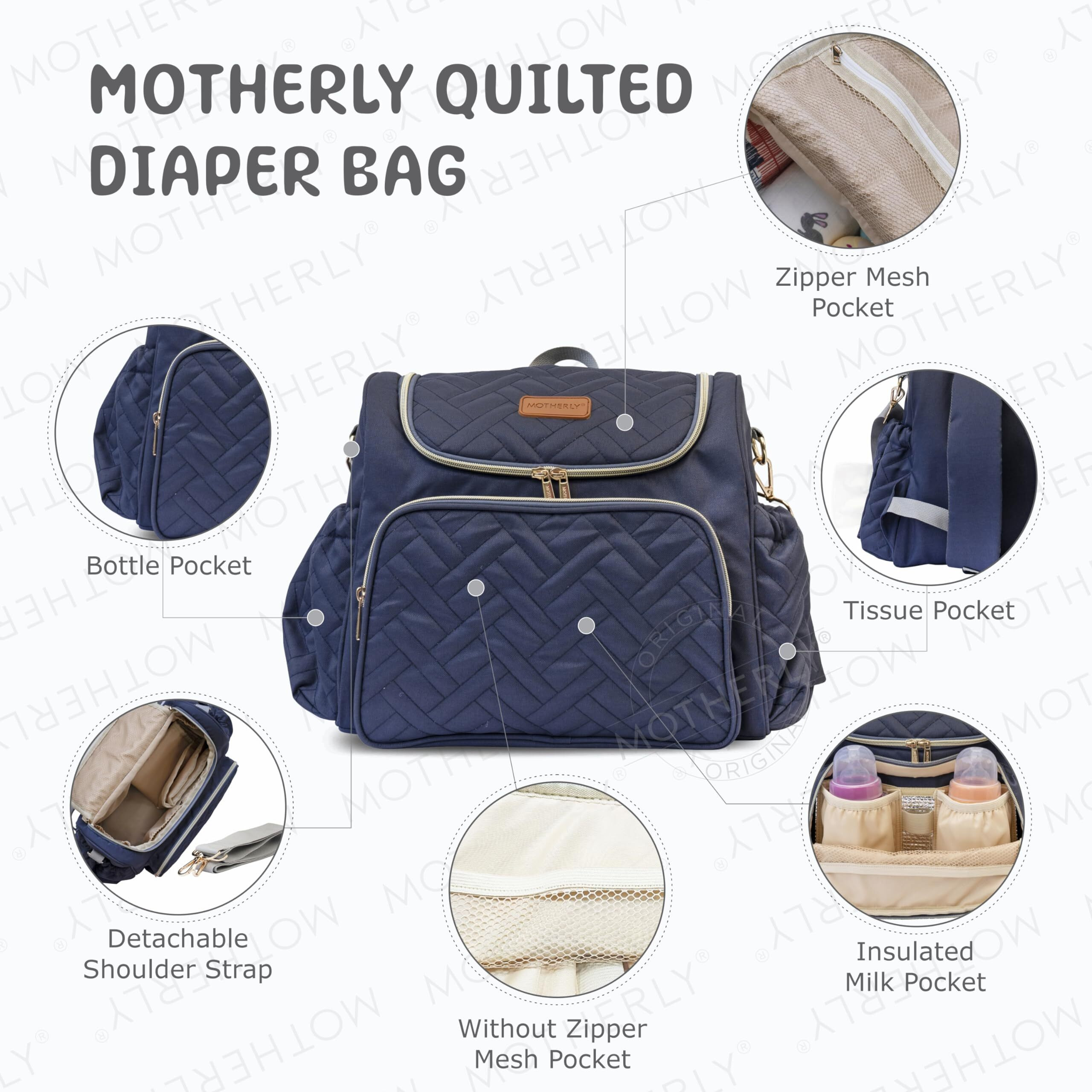 Motherly Quilted Diaper Bag For Mothers For Travel, Maternity Bag For Newborn Baby, Mother Travelling Bag, Multi Pocket Backpack, Water Resistant Baby Bag For Moms With Warranty And Offers (Navy Blue)